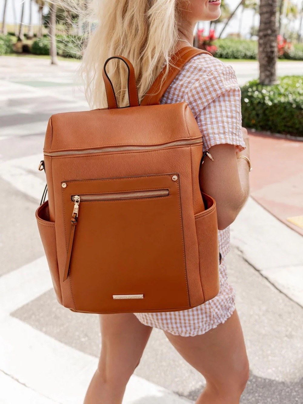 Poppy & Peonies NWOT Commuter Backpack Weekender bag Cognac MISSING STRAP brown - Picture 4 of 12
